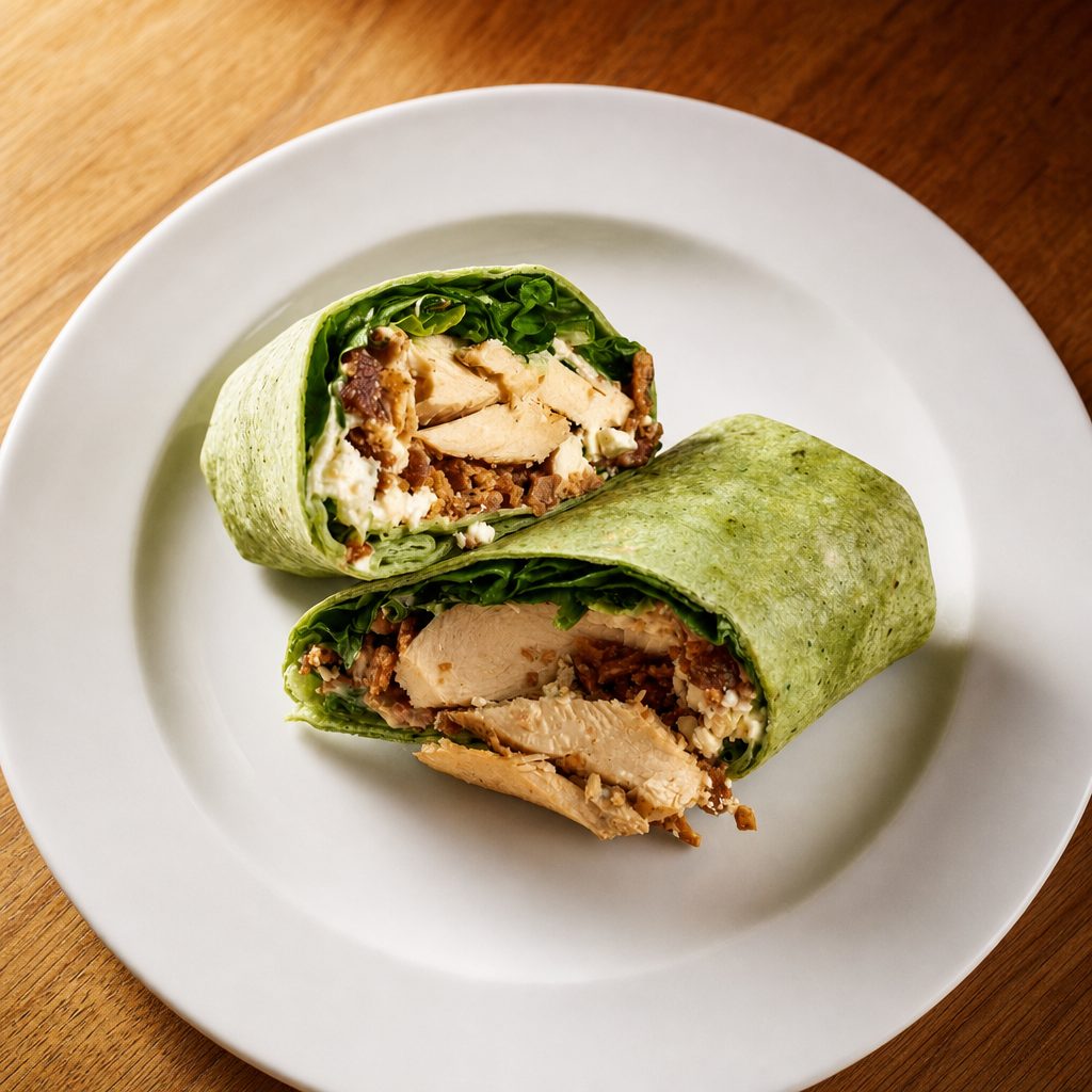 Healthy Veggie, Chicken Caesar, or Chicken Bacon Ranch Wrap.